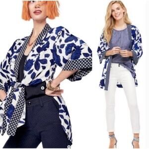 Cabi 5661 Botanical Kimono XS/S White Blue Floral Open Front Slit Sides Top